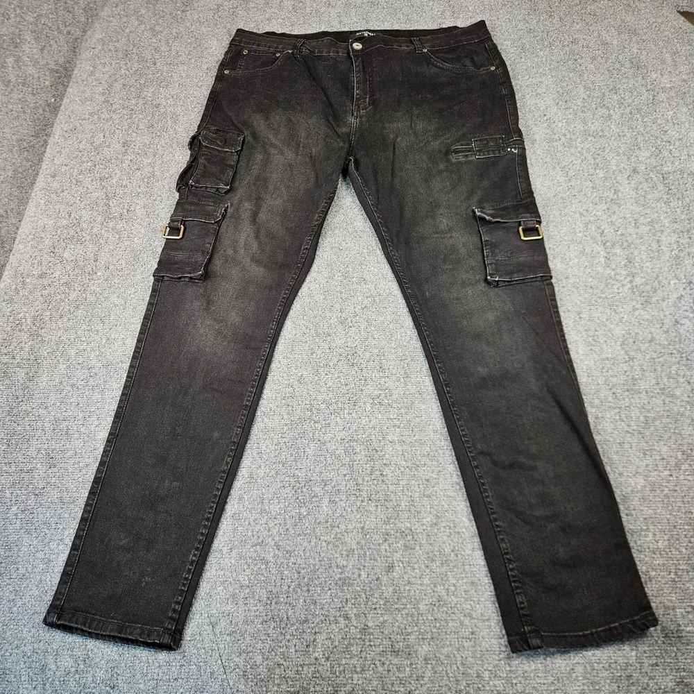 Serenede Mens Black Washed Cargo Jeans Slim Fit Buckle Pockets Size 42